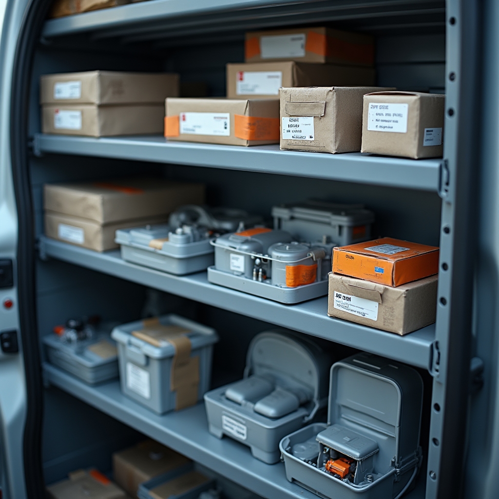 Shelf of labelled original manufacturer spare parts for household appliances inside a service van