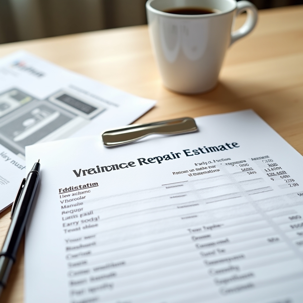 Printed repair estimate and pen resting on a kitchen counter next to an appliance manual