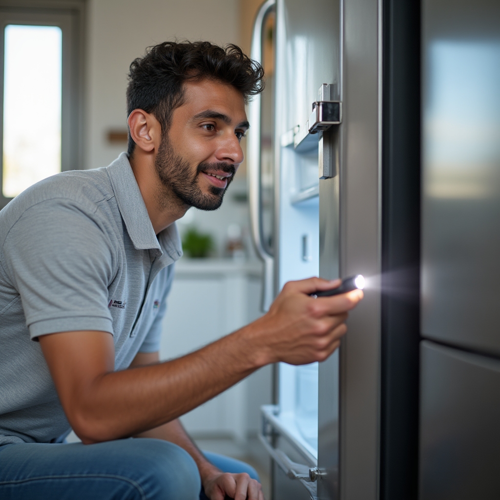 Technician checking the rubber door seal of a refrigerator with a flashlight in a home kitchen