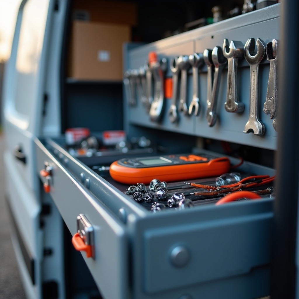 Open toolbox with appliance repair tools and spare parts organised inside a service van