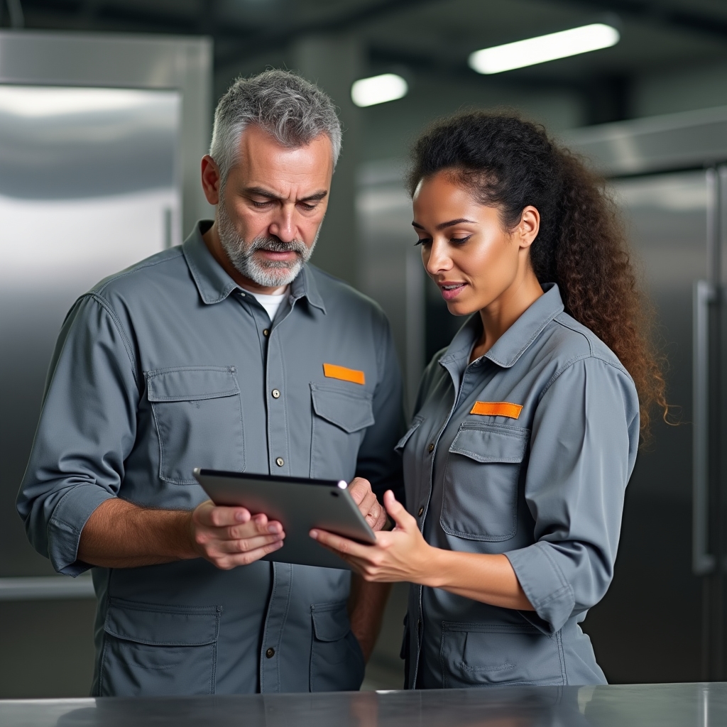 Two appliance technicians reviewing a repair schedule on a tablet inside a service workshop