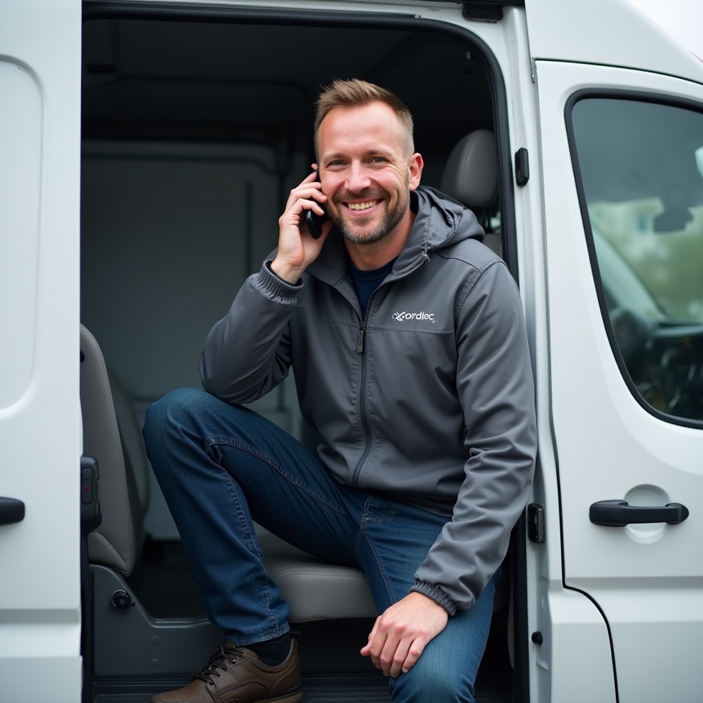 Technician making a follow-up phone call while sitting in a service van outside a residential building