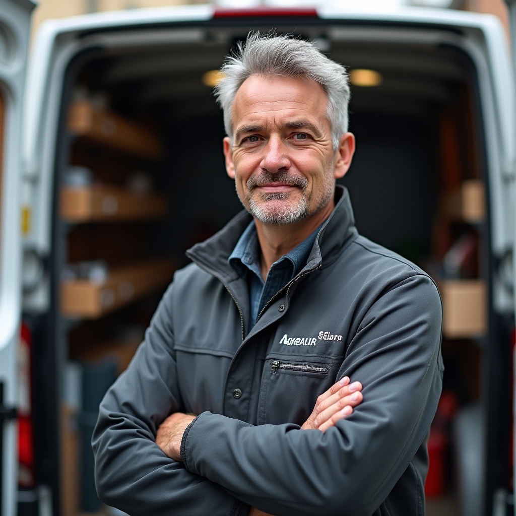 Portrait of the lead technician standing beside a service van, arms crossed, calm and approachable expression