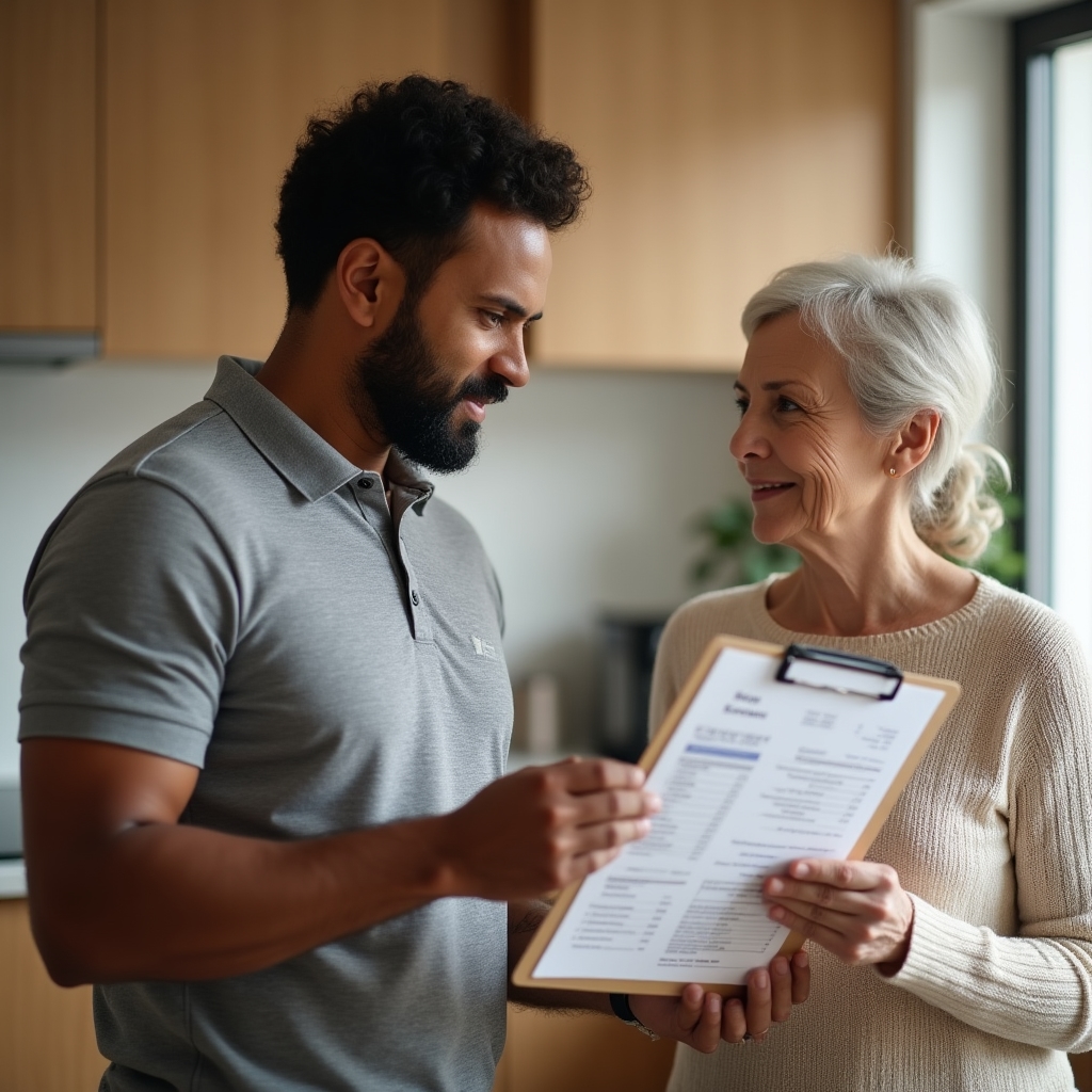 Technician showing a printed price estimate to a homeowner in a kitchen