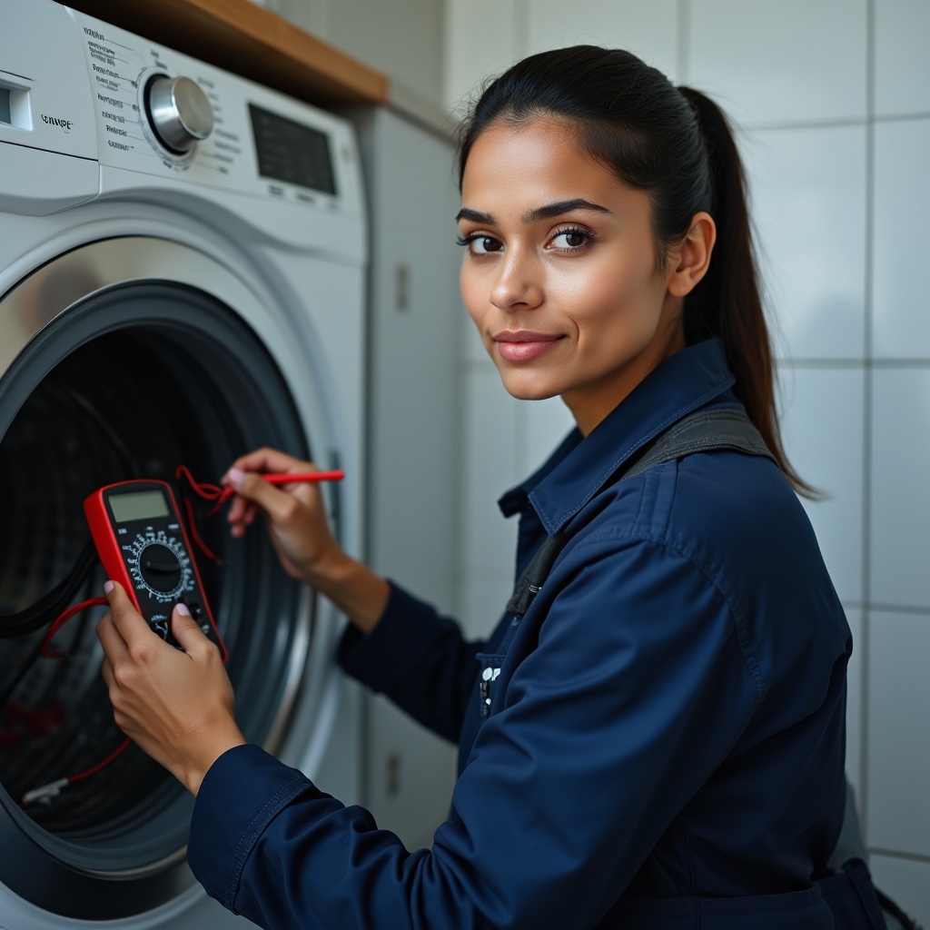 Technician using a multimeter to test a washing machine control panel in a home laundry room